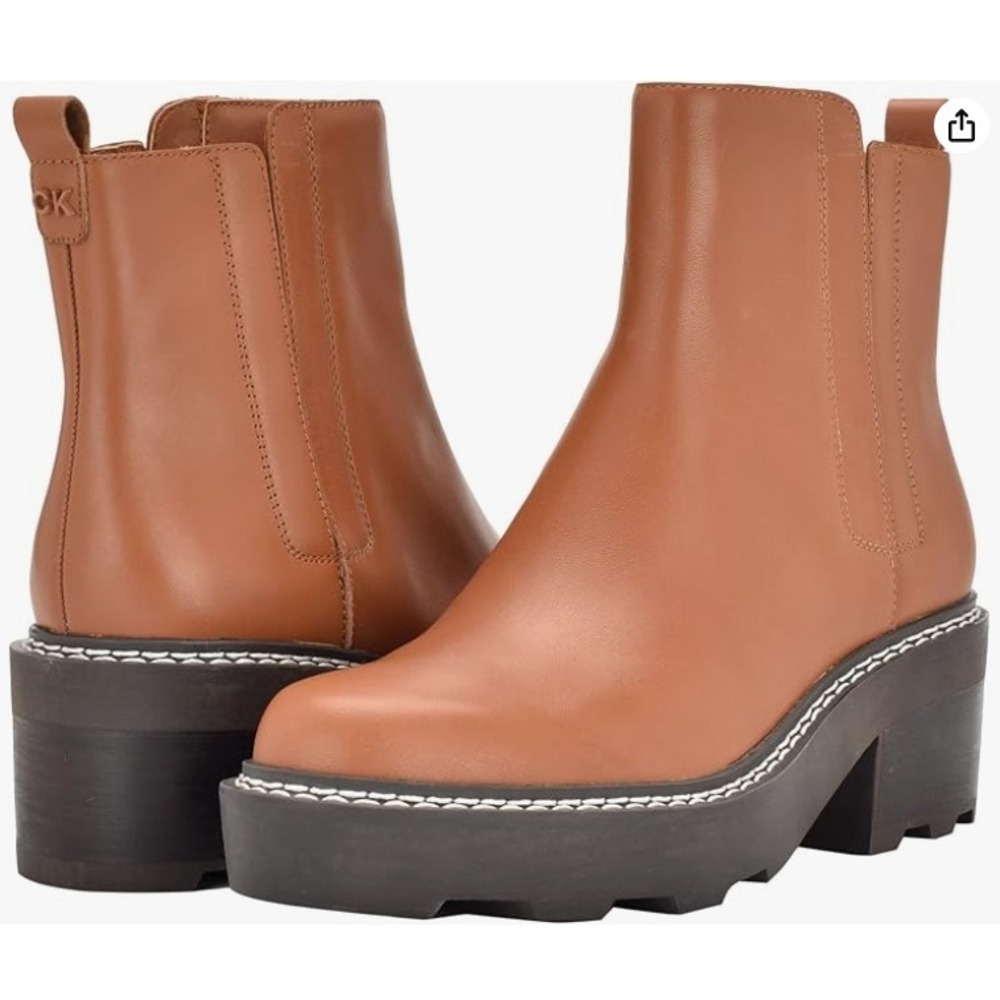 Calvin Klein Tan Leather Platform Chelsea‎ Ankle Boots Logo Women's Size 10M NEW
